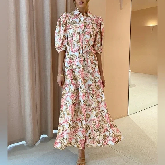 Significant Other Floral Printed Pink Puff Sleeve Midi Dress - Picture 5 of 10